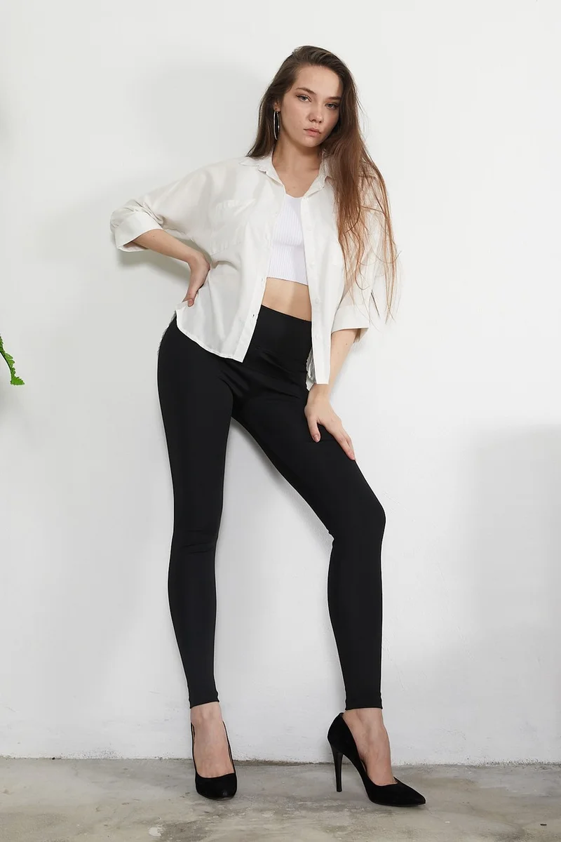 توينتي3 Women's Black Diving Fabric High Waisted Thick Belted Tights