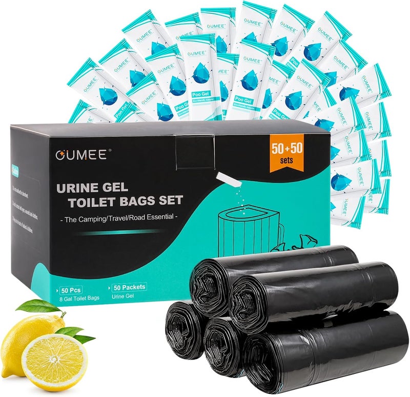 OUMEE 50 Portable Toilet Bags with 50 Poo Gel Set, 8 Gallon Camping Toilet Bags with Absorbent Gels, Waste Bags, Portable Trash Bag for Camping Potty, Rvs Travel (Lemon-[50Bags+50Gel Packets]) - Image 1