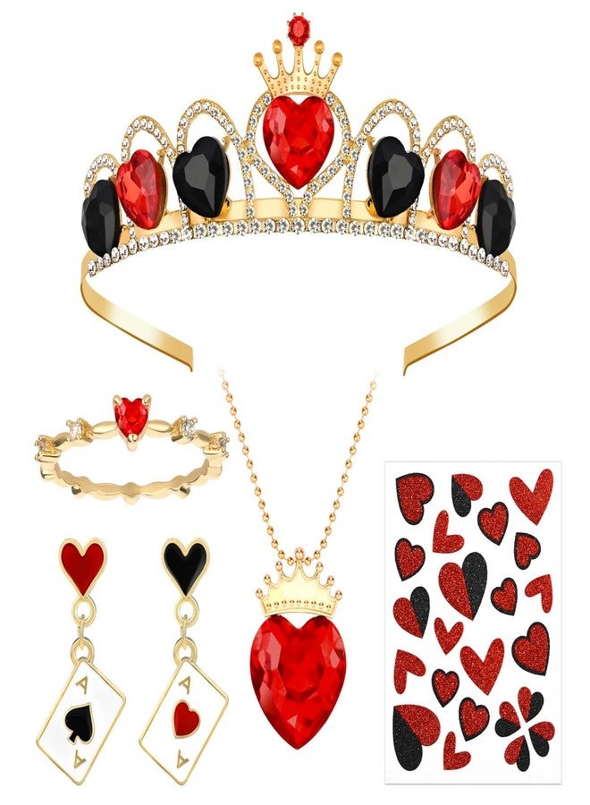 JcHrmers 5 Pcs Women Queen Costume Include Crown Headband,Necklace,Scepter,Stickers and Red Heart Dangle Earrings - Image 1