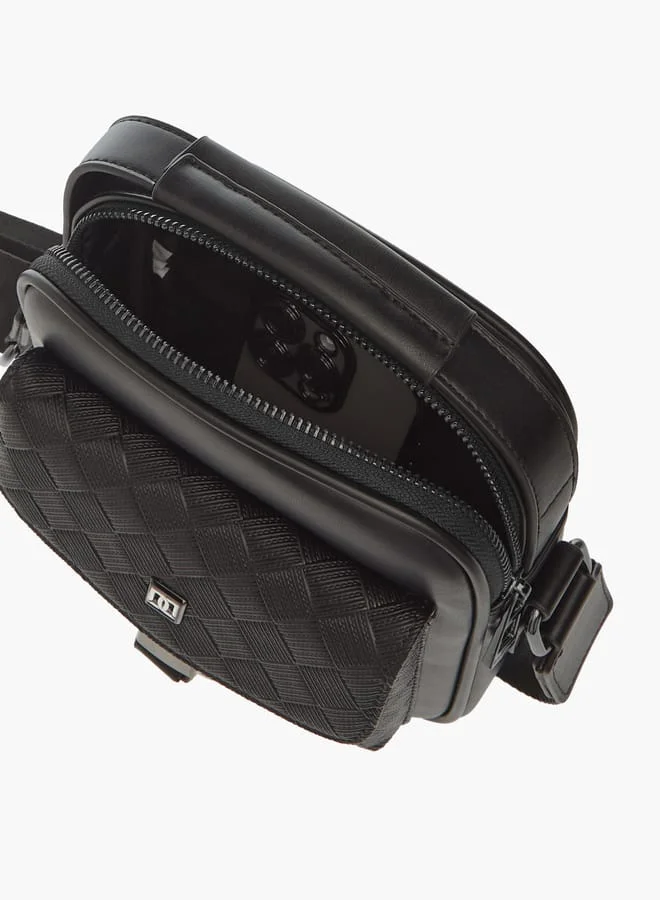 دوتشيني Mens Textured Crossbody Bag With Detachable Strap And Zip Closure