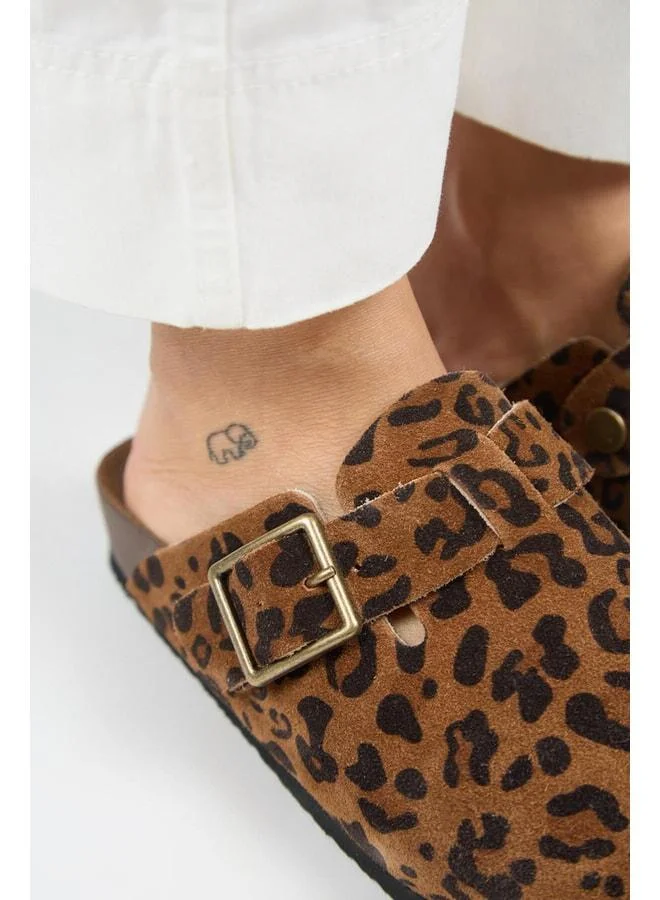 Manijero  Zeta Leopard Women's Genuine Leather Clogs with Belt and Buckle, Tan - Brown for Women | Best Price UAE