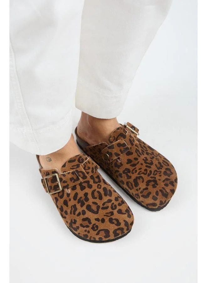 Manijero  Zeta Leopard Women's Genuine Leather Clogs with Belt and Buckle, Tan - Brown for Women | Best Price UAE