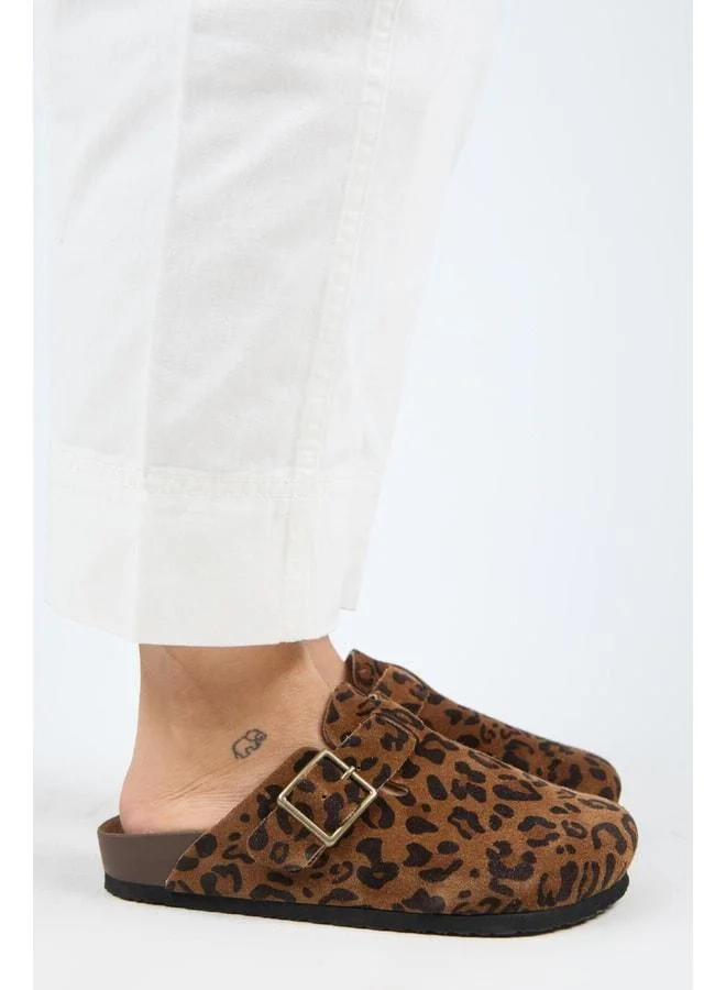 Zeta Leopard Women's Genuine Leather Clogs with Belt and Buckle, Tan - Brown