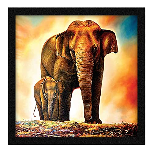 ArtX Paper Vastu Elephant and Baby Wall Art Painting, Elephant Painting For Wall Vastu, Multicolor, Wildlife, 13X13 in, Set of 1 - Image 1