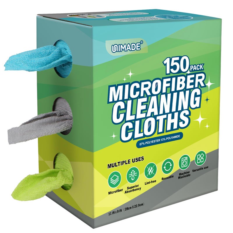 UNIMADE Microfiber Cleaning Cloth, 150 Pack Reusable Paper Towels Microfiber Towels for Cars Lint Free Washable Tissues Shop Rags with Dispenser Box for Home Kitchen Automotive, 11"x 9", Multicolor - Image 1