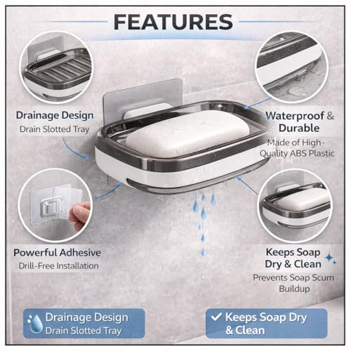 JIALTO 2 Pcs Wall Mounted Soap Dish with Self-Draining Soap Holder, No Drilling. Adhesive Soap Tray, Waterproof ABS Plastic Soap Holder for Bathroom, Kitchen (White&Black) - Image 3