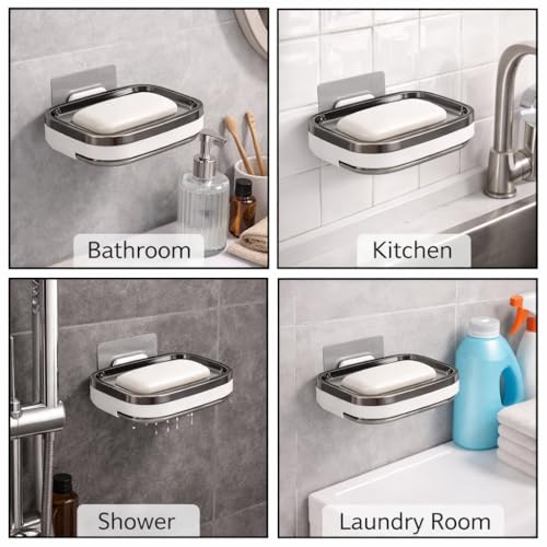 JIALTO 2 Pcs Wall Mounted Soap Dish with Self-Draining Soap Holder, No Drilling. Adhesive Soap Tray, Waterproof ABS Plastic Soap Holder for Bathroom, Kitchen (White&Black) - Image 5