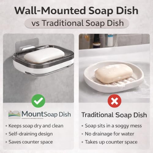JIALTO 2 Pcs Wall Mounted Soap Dish with Self-Draining Soap Holder, No Drilling. Adhesive Soap Tray, Waterproof ABS Plastic Soap Holder for Bathroom, Kitchen (White&Black) - Image 4