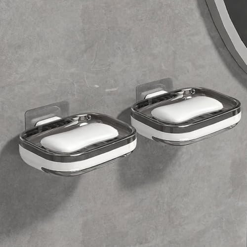 JIALTO 2 Pcs Wall Mounted Soap Dish with Self-Draining Soap Holder, No Drilling. Adhesive Soap Tray, Waterproof ABS Plastic Soap Holder for Bathroom, Kitchen (White&Black) - Image 1