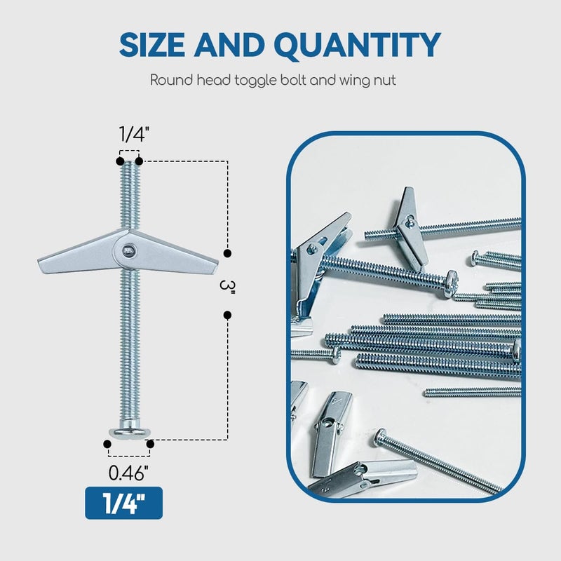 DELE 1/4X3-Inch Toggle Bolt and Wing Nut for Hanging Heavy Items on Drywall (60 Pack) - Image 2