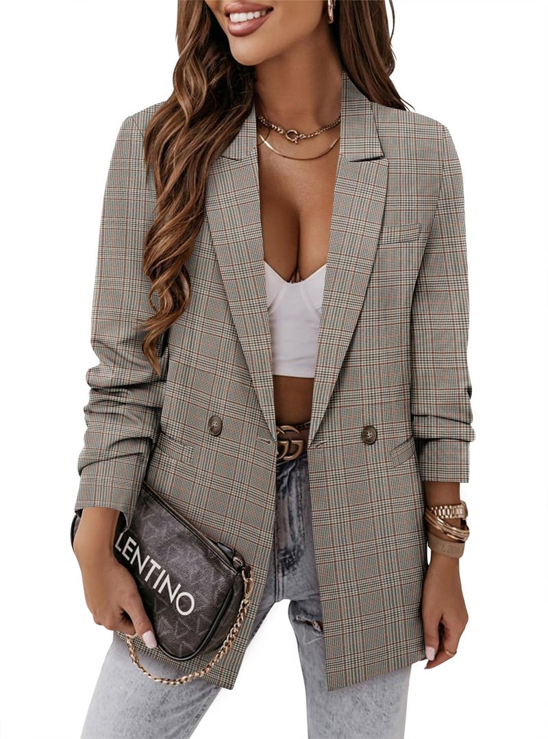 CRAZY GRID Women Business Casual Blazer Jacket Fashion Plus Size Blazer Ladies Buttons Work Professional Formal Office Suit Jacket Oversize 3XL Orange Plaid - Image 1