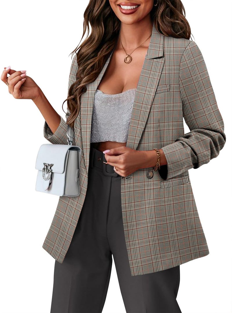 CRAZY GRID Women Business Casual Blazer Jacket Fashion Plus Size Blazer Ladies Buttons Work Professional Formal Office Suit Jacket Oversize 3XL Orange Plaid - Image 2