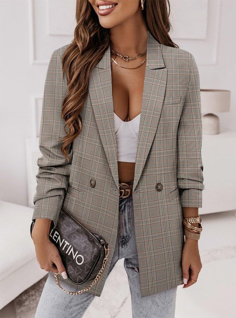 CRAZY GRID Women Business Casual Blazer Jacket Fashion Plus Size Blazer Ladies Buttons Work Professional Formal Office Suit Jacket Oversize 3XL Orange Plaid - Image 4