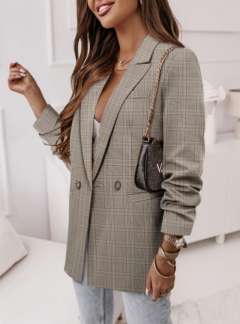 CRAZY GRID Women Business Casual Blazer Jacket Fashion Plus Size Blazer Ladies Buttons Work Professional Formal Office Suit Jacket Oversize 3XL Orange Plaid - Image 3