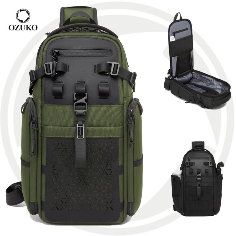 OZUKO Water-Resistant Oxford Tactical Anti-Theft Sling Bag for Men, 40 x 14 x 22 cm, Large Capacity Travel and Outdoor Bag, Green, 9844 - Image 3