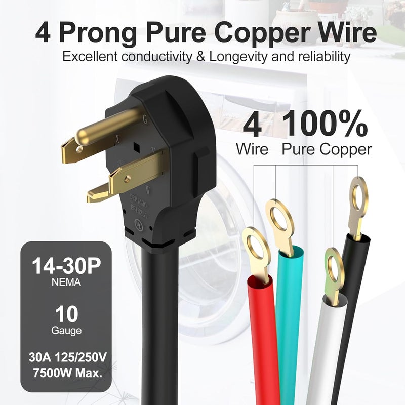 TOPDC 4 Prong Dryer Cord, 30 AMP Appliance Power Cord 5 Feet, Wires in 4 Colors with O Ring Terminal Connectors, Pure Copper Wire - Image 2