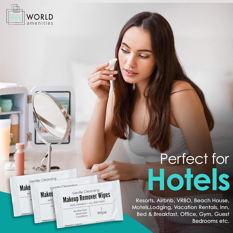 World Amenities - Bulk Makeup Remover Wipes | 500 Count| Individually Wrapped, Gentle Cleansing, Alcohol Free - All Skin Types - Vitamin E - 100% Recyclable, Hotel Travel Size Toiletries - Image 3