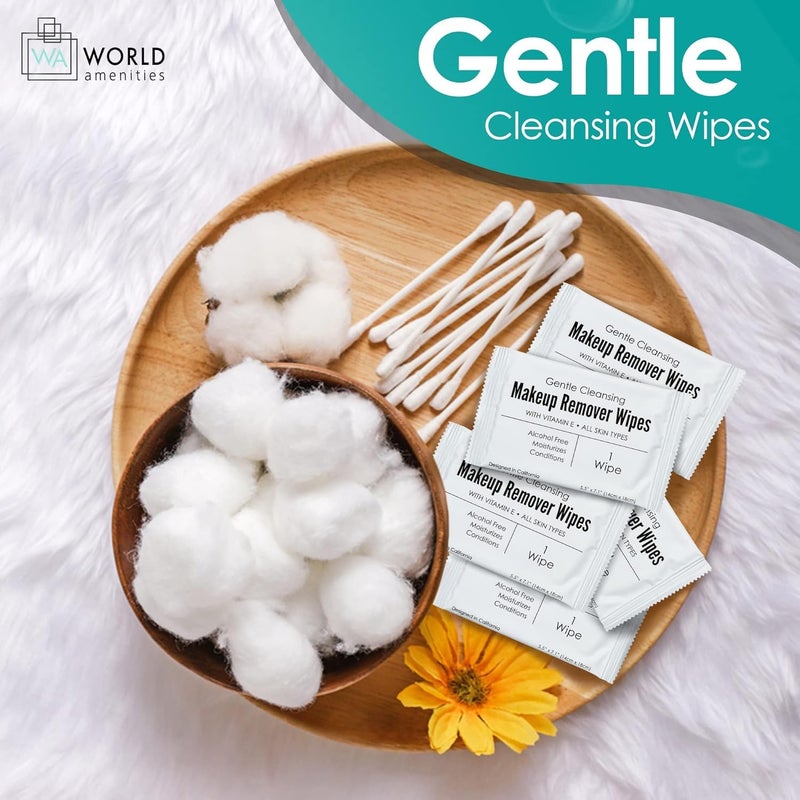 World Amenities - Bulk Makeup Remover Wipes | 500 Count| Individually Wrapped, Gentle Cleansing, Alcohol Free - All Skin Types - Vitamin E - 100% Recyclable, Hotel Travel Size Toiletries - Image 5