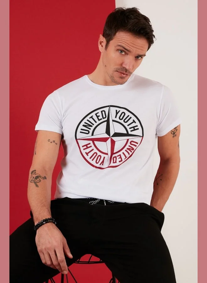 بوراتي تي شيرت رجالي قطن بقصة ضيقة وياقة دائرية وطبعة بوراتي