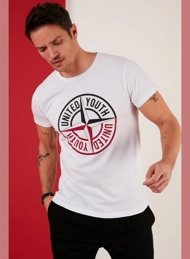 بوراتي تي شيرت رجالي قطن بقصة ضيقة وياقة دائرية وطبعة بوراتي