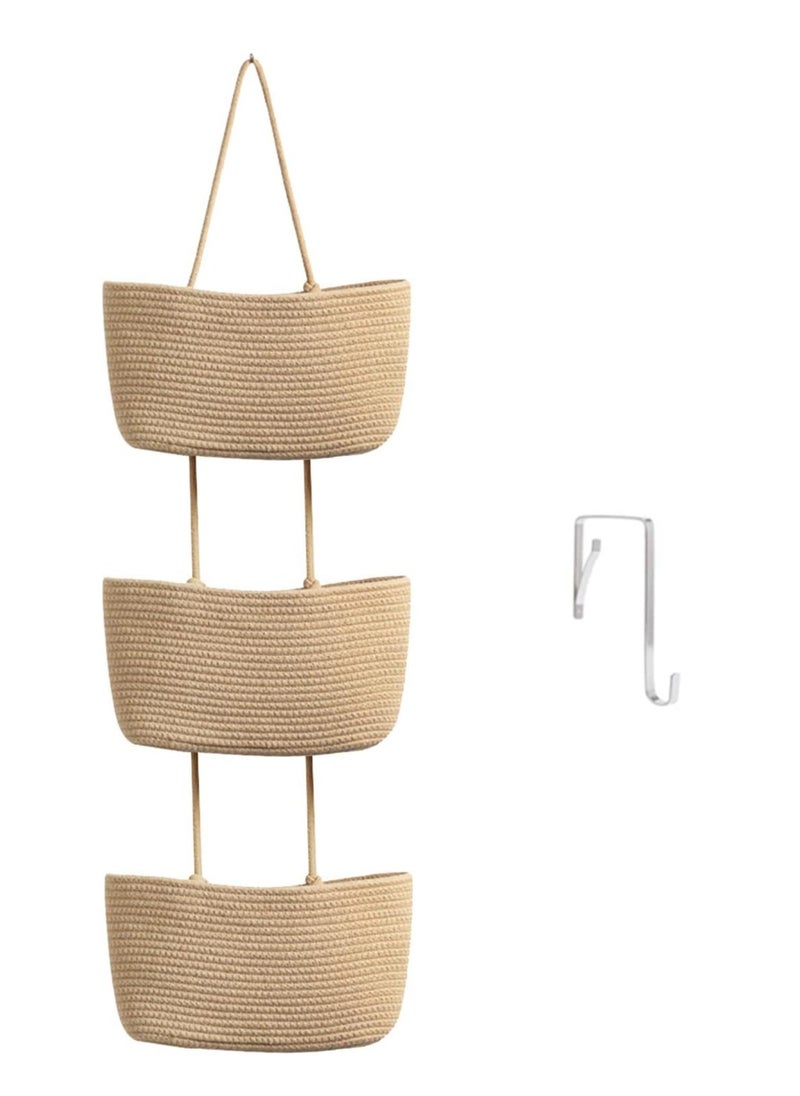 SYOSI - Over the Door Hanging Basket 3-Tier Woven Cotton Wall-Mounted Storage Organizer Bag Decorative Hanging Kitchen Baskets  Jute - Image 1