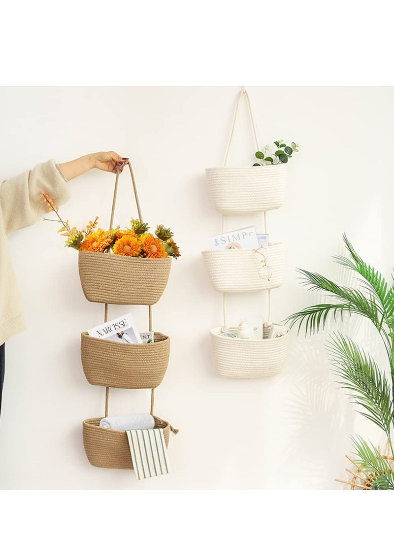 SYOSI - Over the Door Hanging Basket 3-Tier Woven Cotton Wall-Mounted Storage Organizer Bag Decorative Hanging Kitchen Baskets  Jute - Image 1