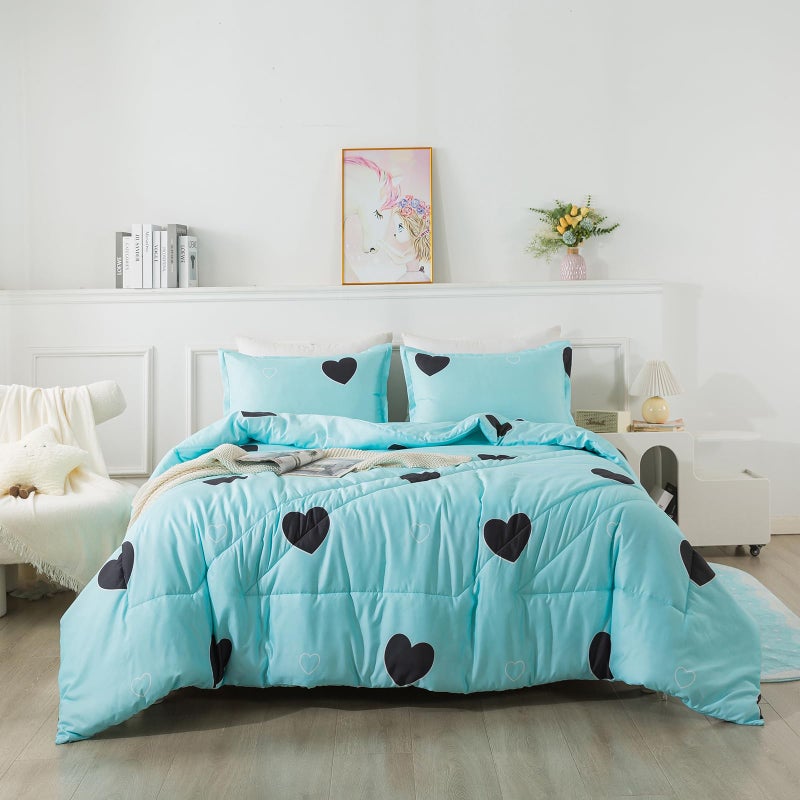 Caressma Comforter Set Twin Size - Light Blue Cute Heart Print Comforter Bedding Set, Soft Microfiber Comforter Set with Pillowsham - Image 1