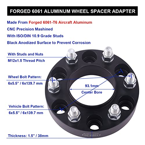 VLAOSCHI Black Forged 6x5.5 Hubcentric Wheel Spacers 1.5 Inch with 12x1.5 Studs 93.1mm Hub Bore Compatible with Ford 6 Lug 6x139.7 for 2019+ Ranger(US) | 2021+ B-ronco(NOT Fit Bronco-Sport)-Pack of 4 - Image 5