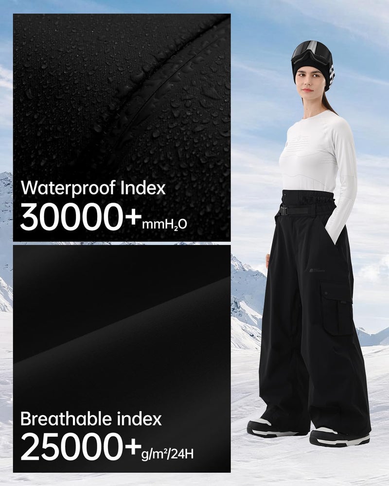 HIGH EXPERIENCE Snowboard Pants for Women Men Baggy Ski Pants Snow Loose Warm Insulated Winterproof Waterproof (Black, Medium) - Image 4