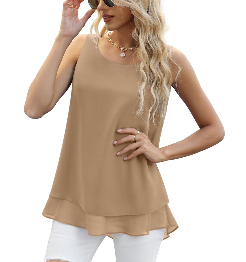 Jouica Summer Sleeveless Blouses for Women Business Casual Chiffon Tank Tops Flowy Loose Blouses,Brown,Medium - Image 1