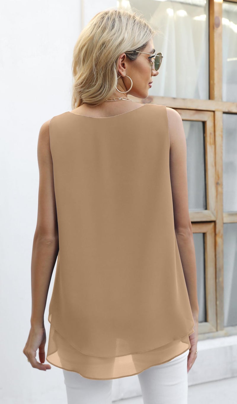 Jouica Summer Sleeveless Blouses for Women Business Casual Chiffon Tank Tops Flowy Loose Blouses,Brown,Medium - Image 5