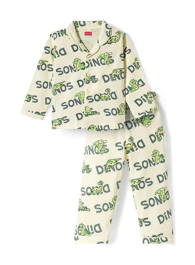Babyhug Babyhug Cotton Knit Full Sleeves Pajama Set with Dino Print - White