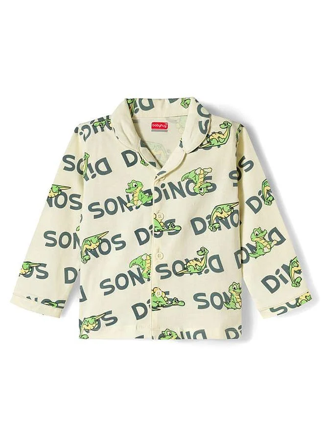 Babyhug Babyhug Cotton Knit Full Sleeves Pajama Set with Dino Print - White