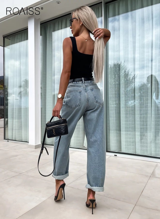 roaiss Women’s Vintage Wash Baggy Jeans Street Style Loose Fit Mid Rise Pants Ladies Comfort Stretch Denim Straight Leg Casual Trousers Everyday Wear Versatile Outfit Durable Design Easy Care - Image 4