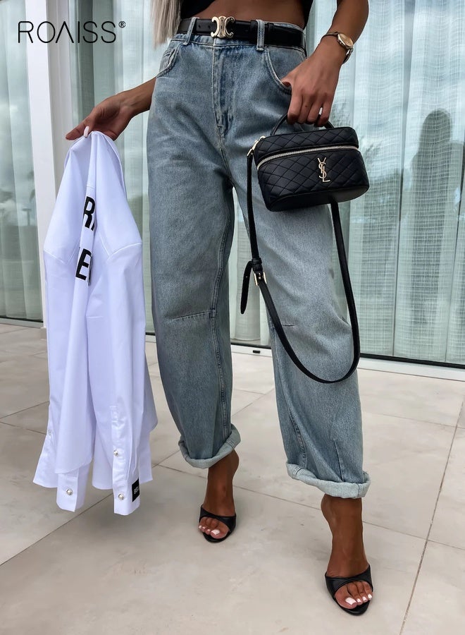 roaiss Women’s Vintage Wash Baggy Jeans Street Style Loose Fit Mid Rise Pants Ladies Comfort Stretch Denim Straight Leg Casual Trousers Everyday Wear Versatile Outfit Durable Design Easy Care - Image 1