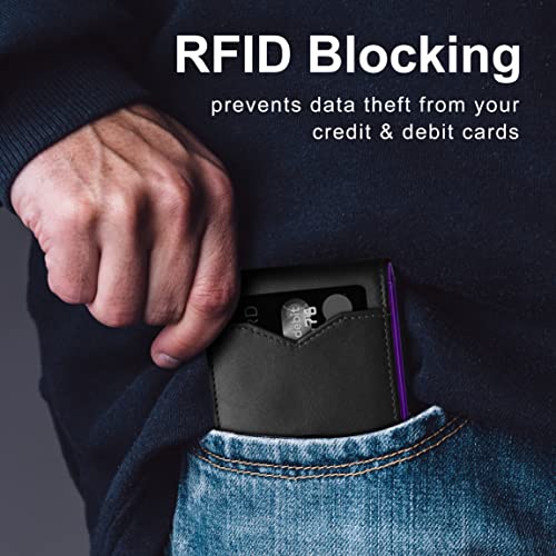 GSOIAX محفظة جيسوياكس للرجال نحيفة للرجال جلد طبيعي ألياف كربونية مانعة لتسرب RFID حاملة بطاقات ائتمان قابلة للطي مع علبة هدايا (أسود وبنفسجي) - Image 4