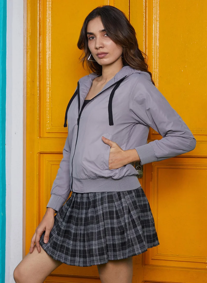 Campus Sutra Women's Coin Grey Zip-Front Bomber Jacket For Casual Wear | Hooded Neck | Long Cuffed Sleeves | Zipper Closure | Jacket Crafted With Comfort Fit For Everyday Wear