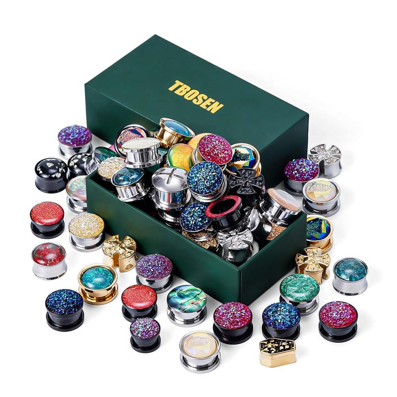 TBOSEN 20 PCS Stainless Steel | Wood Random Colors Ear Gauges Tunnels Plugs Body Piercing Lucky Bag 10 Pairs Total 2g-1 inch - Image 4