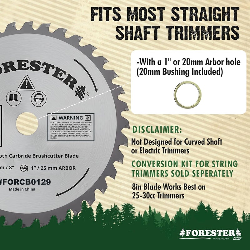 FORESTER Carbide Tip Brush Cutter Blade - 8in x 32 Teeth | Fits Most Straight Shaft Trimmers | Conversion Kit Sold Separately - Image 2