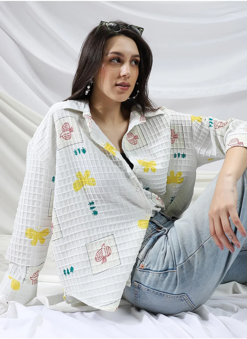 كامبوس سوترا Campus Sutra Women's Chalk White Butterfly Pine Relaxed Shirt For Casual Wear | Spread Collar | Long Cuffed Sleeves | Button Closure | Shirt Crafted With Comfort Fit For Everyday Wear