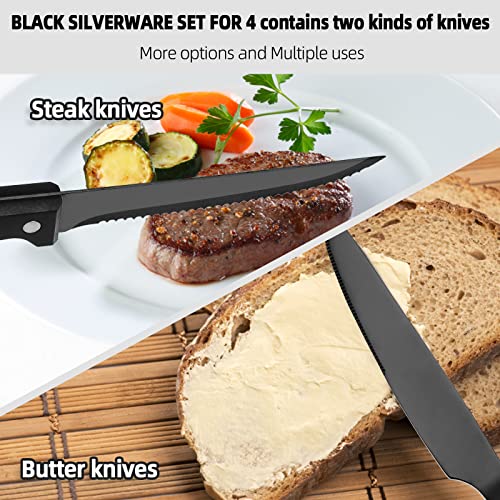 CEKEE 24 Piece Silverware Set for 4 With Steak Knives, Stainless Steel Black Flatware, Utensils, Tableware Cutlery for Home & Kitchen, Hand Wash Recommended - Image 3