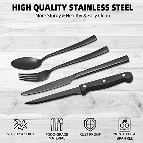 CEKEE 24 Piece Silverware Set for 4 With Steak Knives, Stainless Steel Black Flatware, Utensils, Tableware Cutlery for Home & Kitchen, Hand Wash Recommended - Image 4