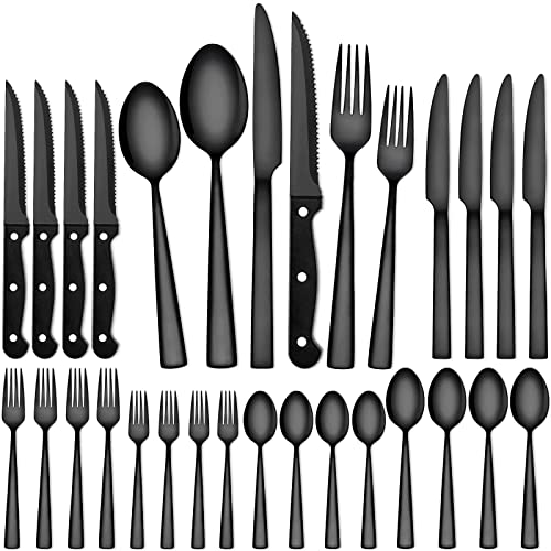 CEKEE 24 Piece Silverware Set for 4 With Steak Knives, Stainless Steel Black Flatware, Utensils, Tableware Cutlery for Home & Kitchen, Hand Wash Recommended - Image 1