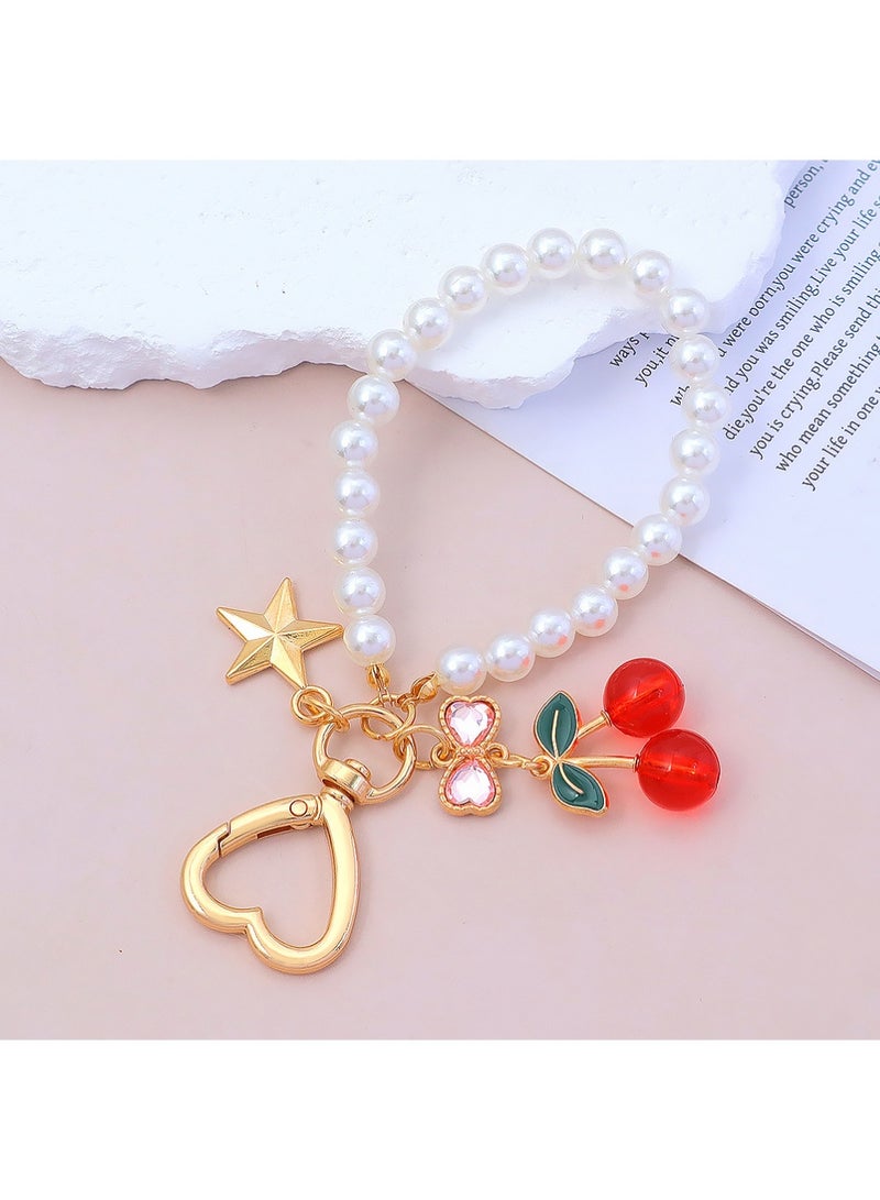 LUNJE 2Pcs Cherry Keychain & Pearl Bow Keychain, Sparkly Bowknot Purse Charm Flower Key Chain for Handbags Backpacks Keys - Image 2