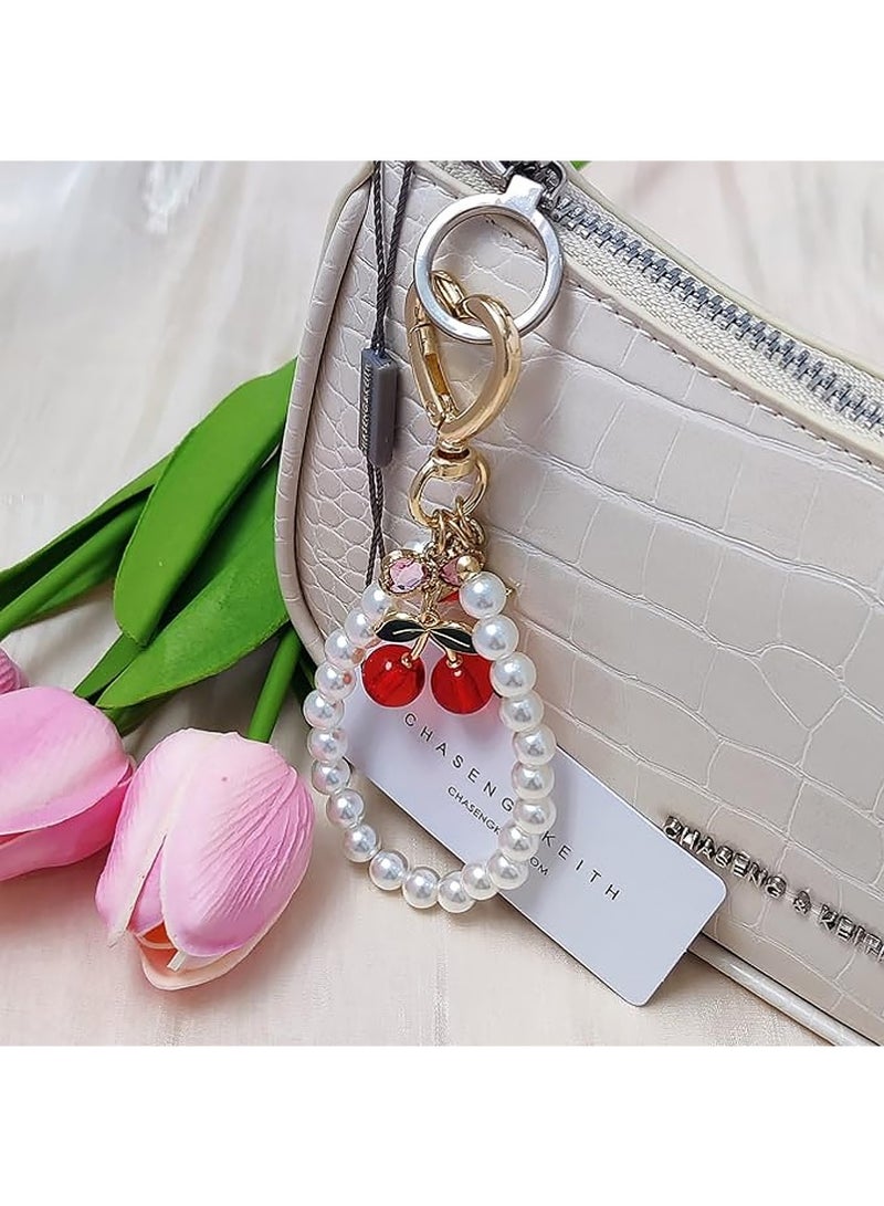 LUNJE 2Pcs Cherry Keychain & Pearl Bow Keychain, Sparkly Bowknot Purse Charm Flower Key Chain for Handbags Backpacks Keys - Image 3