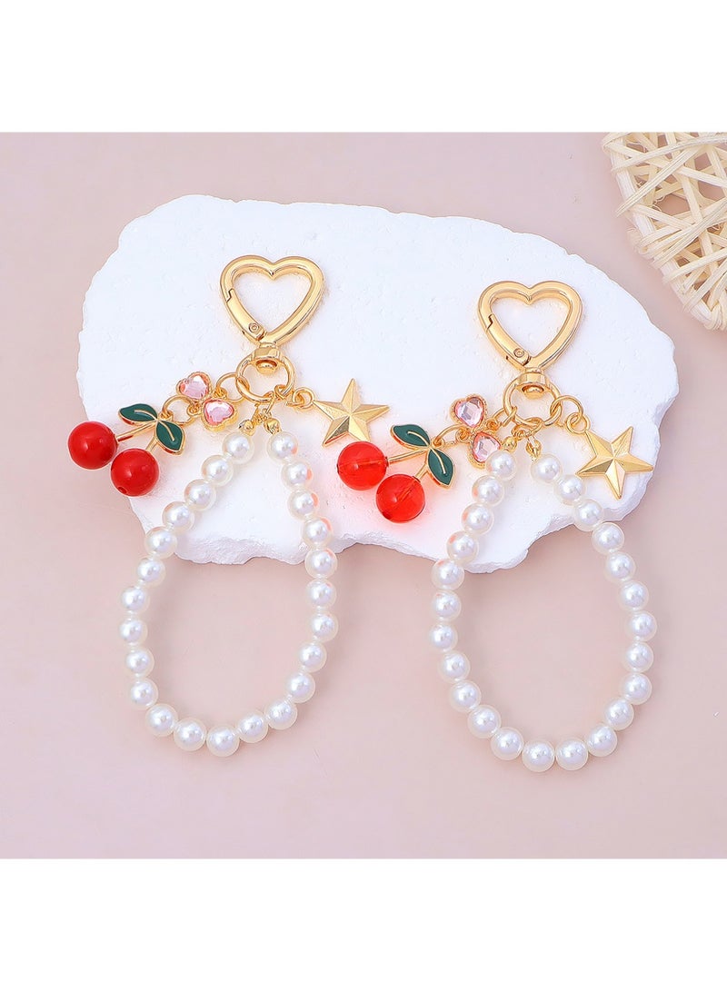 LUNJE 2Pcs Cherry Keychain & Pearl Bow Keychain, Sparkly Bowknot Purse Charm Flower Key Chain for Handbags Backpacks Keys - Image 1