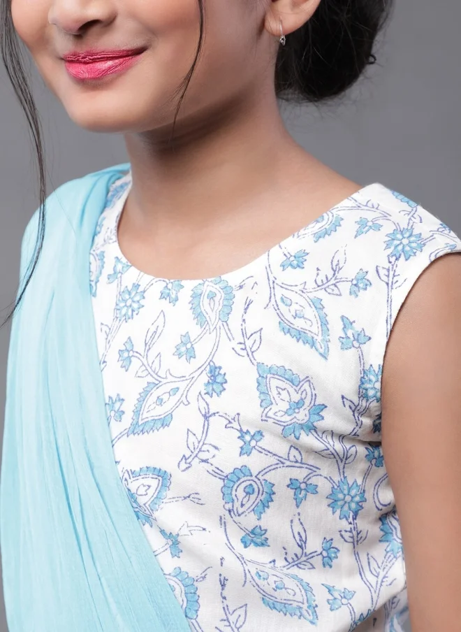 AKS Blue and White Printed Lehenga Choli for Girls