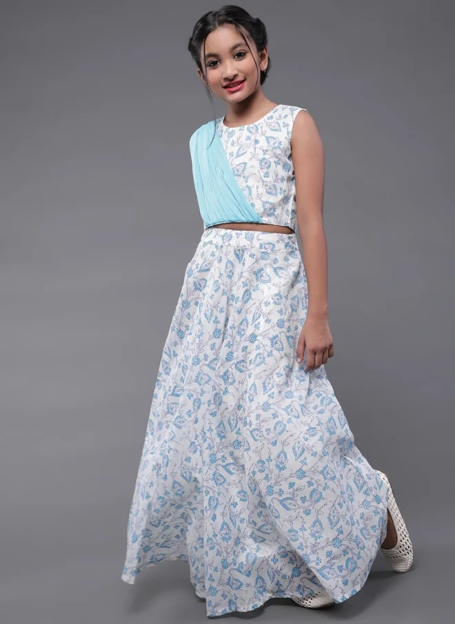 AKS Blue and White Printed Lehenga Choli for Girls