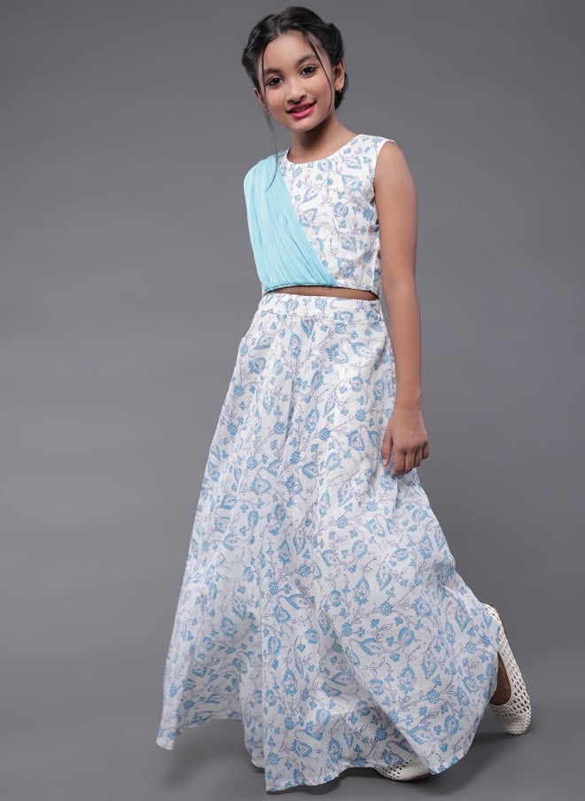 AKS Blue and White Printed Lehenga Choli for Girls - Image 1