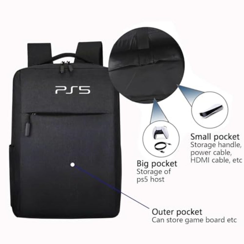 حقيبة ظهر للألعاب لجهاز PS5: حقيبة تخزين ذات سعة كبيرة مع منفذ USB، نايلون متين، أسود، تصميم مريح مقاوم للماء - Image 4